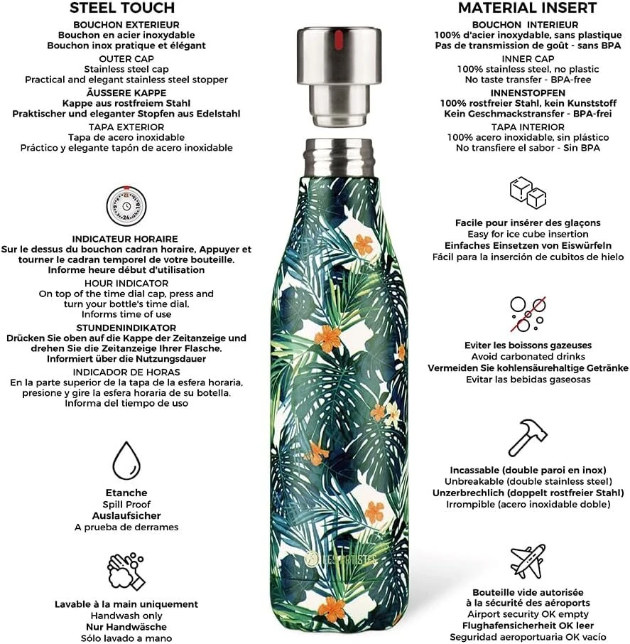 Les Artistes Paris Bottle Up A-4011 termosas, pagamintas iš nerūdijančio plieno ir polipropileno, havajų spalvos, 500 ml, matmenys: 7,05 cm x 7,05 cm x 25,4 cm