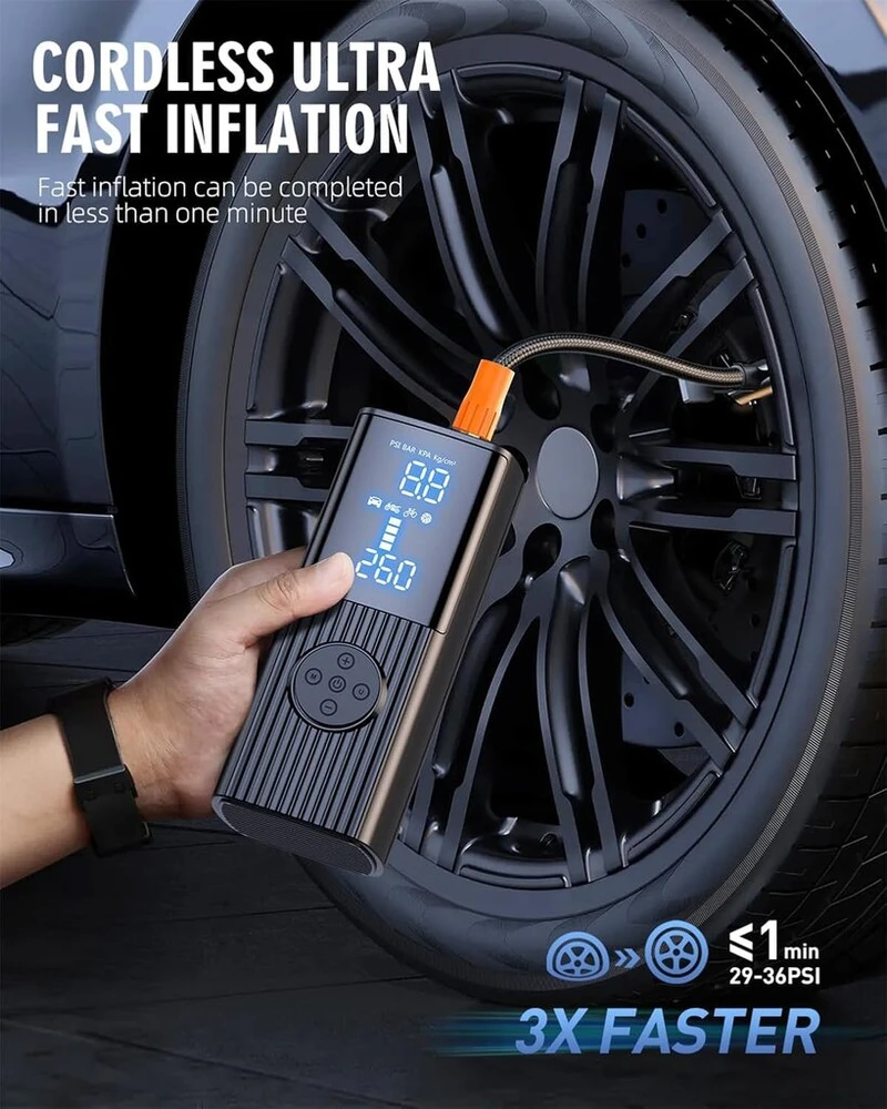 Leukoles elektrinis oro siurblys 150 Psi su 12000 Mah baterija ir 3 x greito pripūtimo funkcija - nešiojamas akumuliatorinis kompresorius automobiliui, dviračiui, motociklui