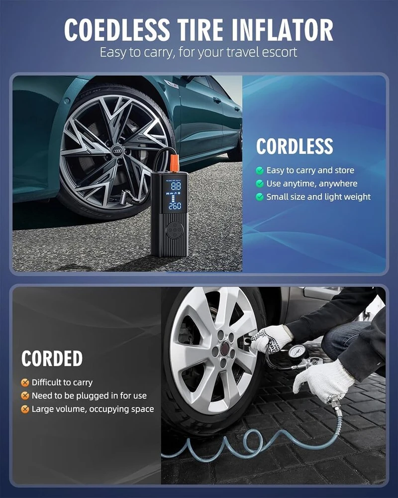 Leukoles elektrinis oro siurblys 150 Psi su 12000 Mah baterija ir 3 x greito pripūtimo funkcija - nešiojamas akumuliatorinis kompresorius automobiliui, dviračiui, motociklui