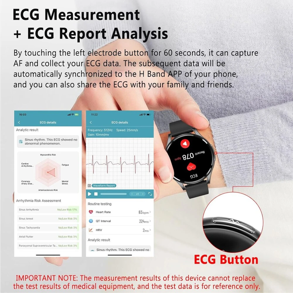 Lgnitek 2025 išmanusis laikrodis vyrams su Ekg/kmi/šlapimo rūgšties matavimu, 44 mm, apvalus 1.43 colio amoled sveikatos laikrodis su 24/7 širdies ritmo monitoriumi, miego stebėjimu, spo2, bluetooth skambučiais, sos pagalbos skambučiu, fitneso laikrodis,