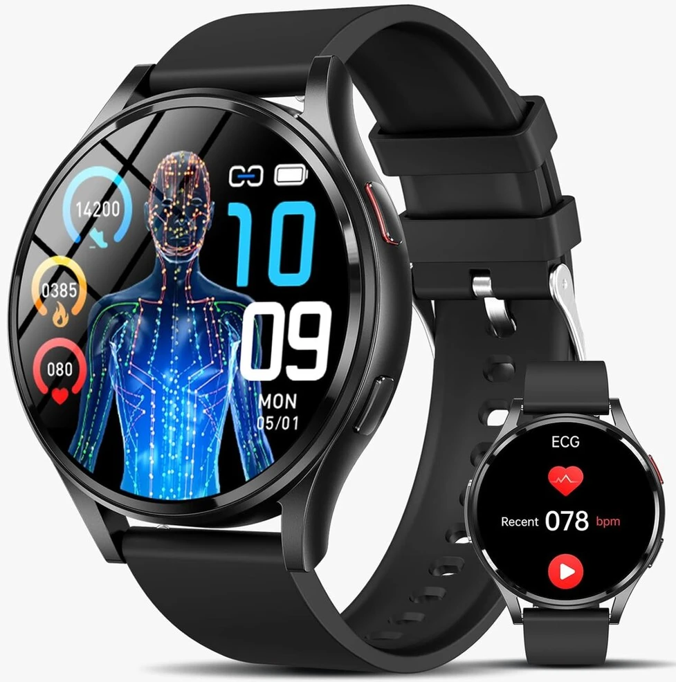 Lgnitek 2025 išmanusis laikrodis vyrams su Ekg/kmi/šlapimo rūgšties matavimu, 44 mm, apvalus 1.43 colio amoled sveikatos laikrodis su 24/7 širdies ritmo monitoriumi, miego stebėjimu, spo2, bluetooth skambučiais, sos pagalbos skambučiu, fitneso laikrodis,