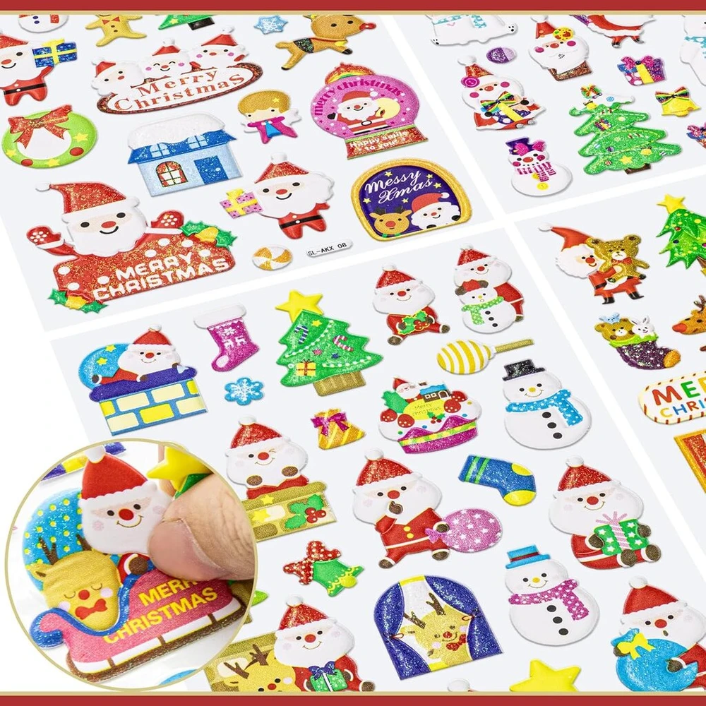 Lhybtm 3d kalėdiniai lipdukai vaikams, kalėdiniai lipdukai, lipnūs blizgantys lipdukai albumams, kalėdiniai lipdukai dekoravimui, scrapbooking'ui, pakavimui (12 lapų)
