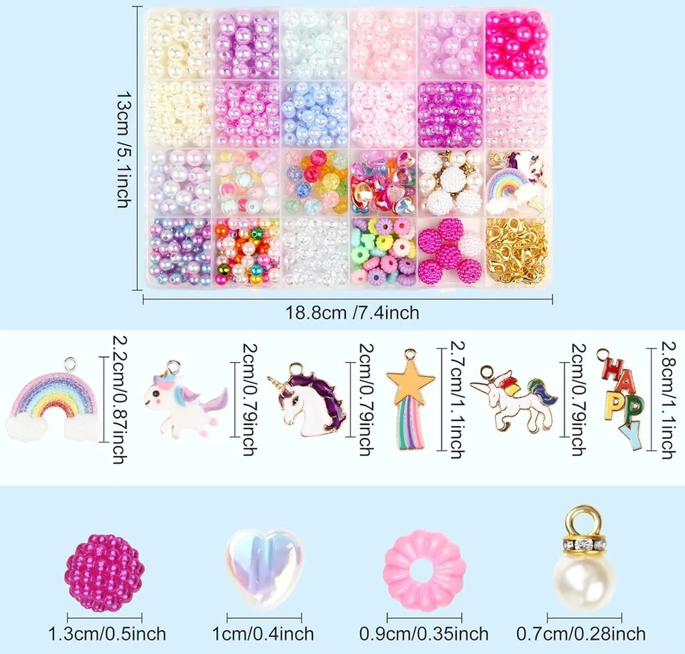 Liangding 910 dalių karoliukų rinkinys vėrimui, 6/8 mm spalvingi perlų apyrankių gamybos rinkinys, rankdarbių rinkinys vaikams pasteliniai karoliukai su meilės ir vienaragio pakabuku, pasidaryk pats apyrankių dovanos mergaitėms