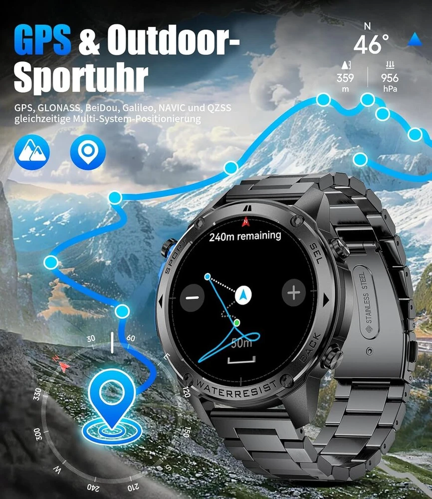 Lige išmanusis laikrodis vyrams, 1.43 colio Amoled jutiklinis ekranas su Gps/kompasu/oro slėgiu/aukščiu, 500 Mah baterija/170+ sporto režimų, 5atm atsparus vandeniui fitneso laikrodis su 24/7 širdies ritmo ir miego stebėjimu