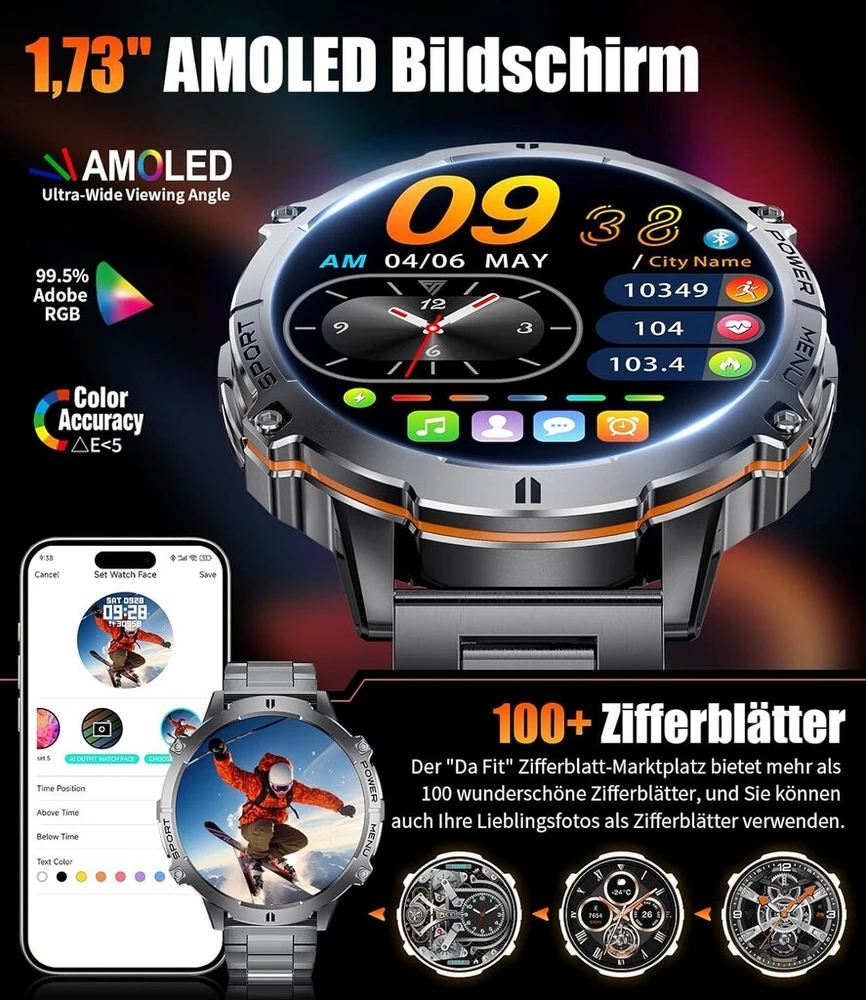 Lige išmanusis laikrodis vyrams, 1.73 colio Amoled didelis ekranas, 900 Mah ilgas baterijos veikimo laikas, 110+ sporto režimų, fitneso laikrodis su širdies ritmo, miego monitoriumi, daugiafunkcinis išmanusis laikrodis, skirtas Android Ios, juodas