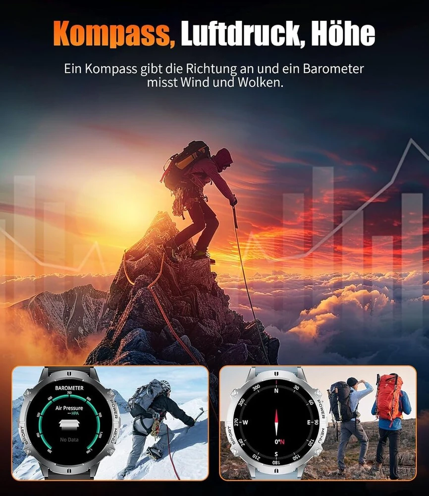 Lige išmanusis laikrodis vyrams, 1.73 colio Amoled didelis ekranas, 900 Mah ilgas baterijos veikimo laikas, 110+ sporto režimų, fitneso laikrodis su širdies ritmo, miego monitoriumi, daugiafunkcinis išmanusis laikrodis, skirtas Android Ios, juodas