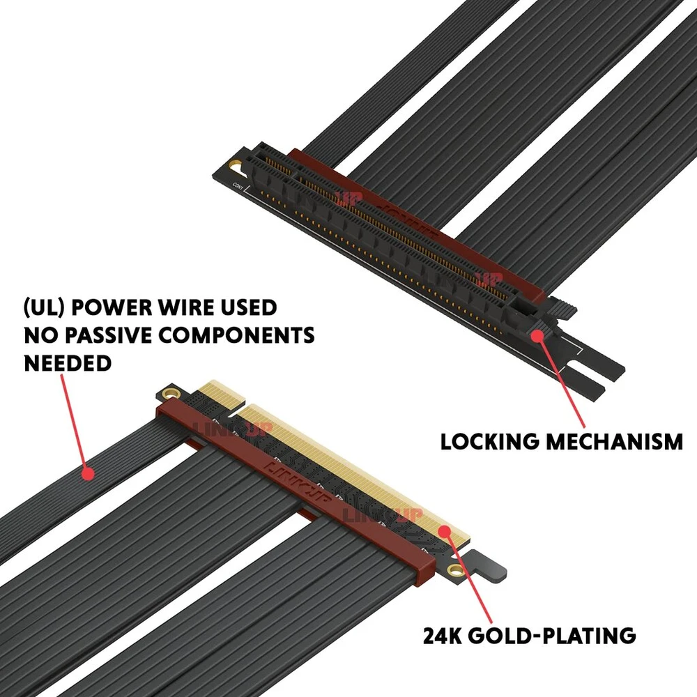 Linkup - extreme4+ pcie 4.0 x16 riser kabelis (rtx4090, rx6950xt, x570, z690 išbandytas), twinax, ekranuotas, didelis greitis, vertikalus montavimas, žaidimų pci express gen4, universalus 90 laipsnių moteriškas jungtis (45 cm)