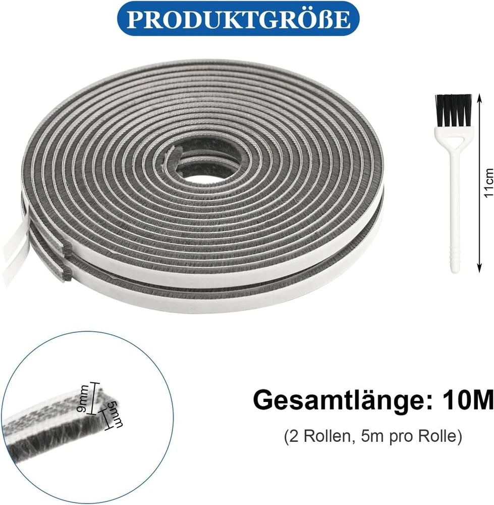 Lipnus šepetinis sandariklis, šepetiniai sandarikliai, pilkas, 9 mm (p) x 5 mm (g) x 10 m (i), sandarinimo juosta, didelio tankio veltinio skersvėjų izoliatorius stumdomoms durims, langams ir spintai (9 x 5 mm)