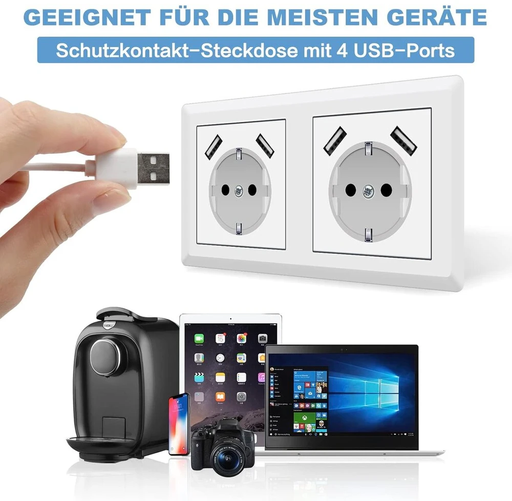 Lizdai su usb, (maks. 5 v 3.4 a) schuko lizdas usb įterptinė sistema 55 grynai balta blizgi sieninė rozetė tik 32 mm gylio (usb c baltas (3.4 a))