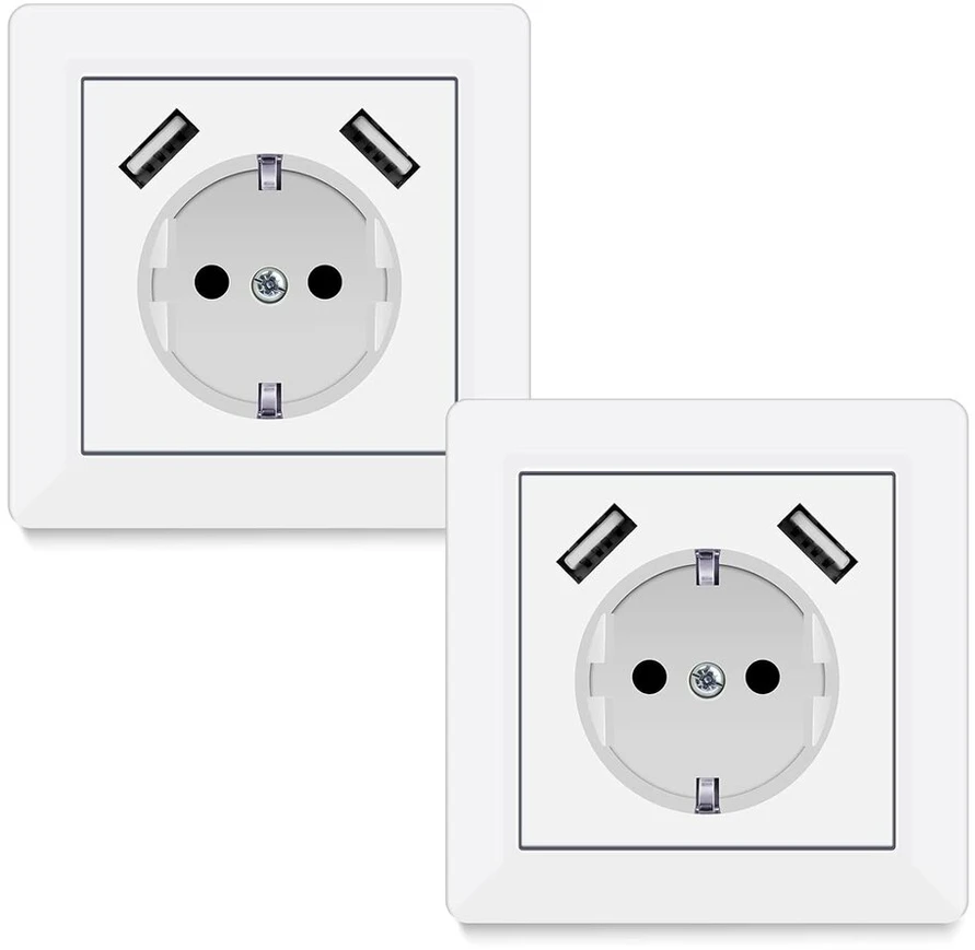 Lizdai su usb, (maks. 5 v 3.4 a) schuko lizdas usb įmontuota sistema 55 grynai balta blizgi sieninė rozetė tik 32 mm gylio (usb c balta (3.4 a))