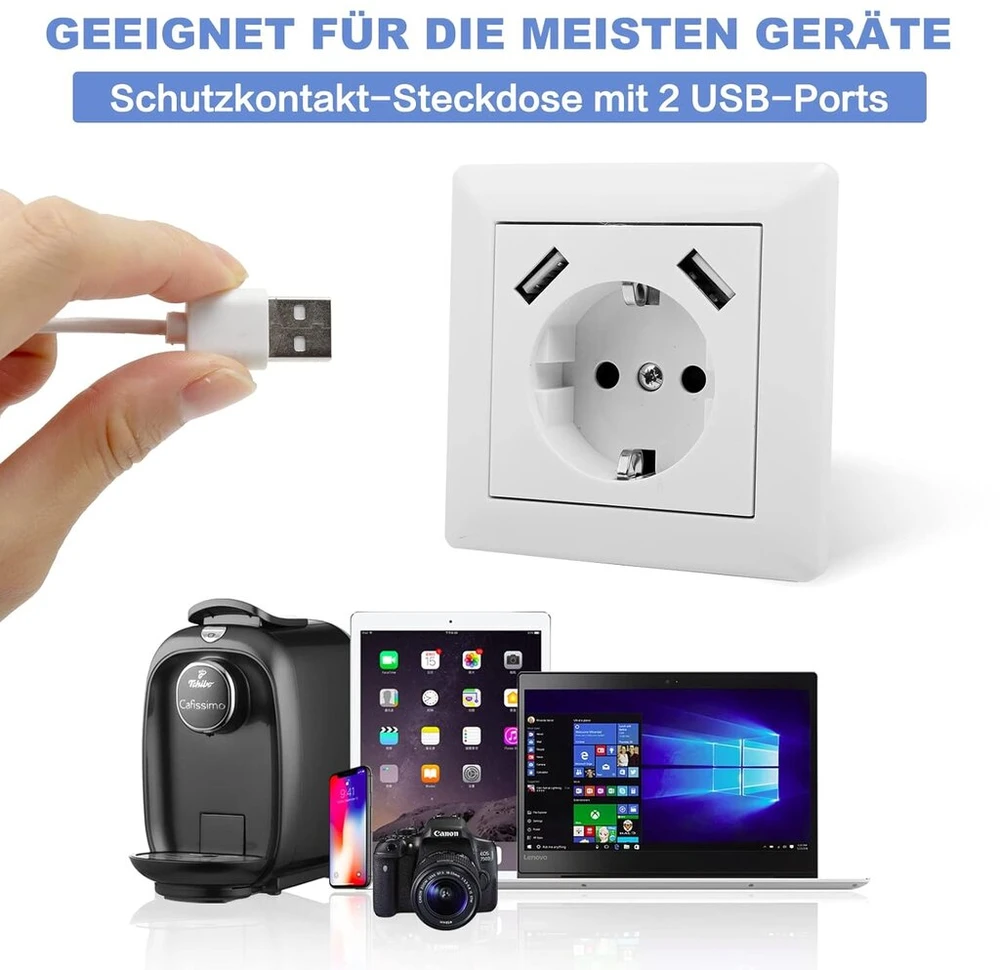 Lizdai su usb, (maks. 5 v 3.4 a) schuko lizdas usb įmontuota sistema 55 grynai balta blizgi sieninė rozetė tik 32 mm gylio (usb c balta (3.4 a))