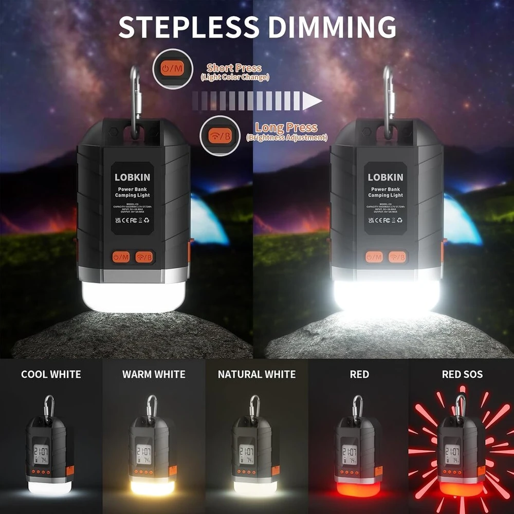 Lobkin įkraunamas kempingo žibintas, mini kempingo šviestuvas su 5 šviesos režimais, lengvas nešiojamas kempingo žibintas su įmontuota 15600 Mah baterija, skirta naudoti lauke