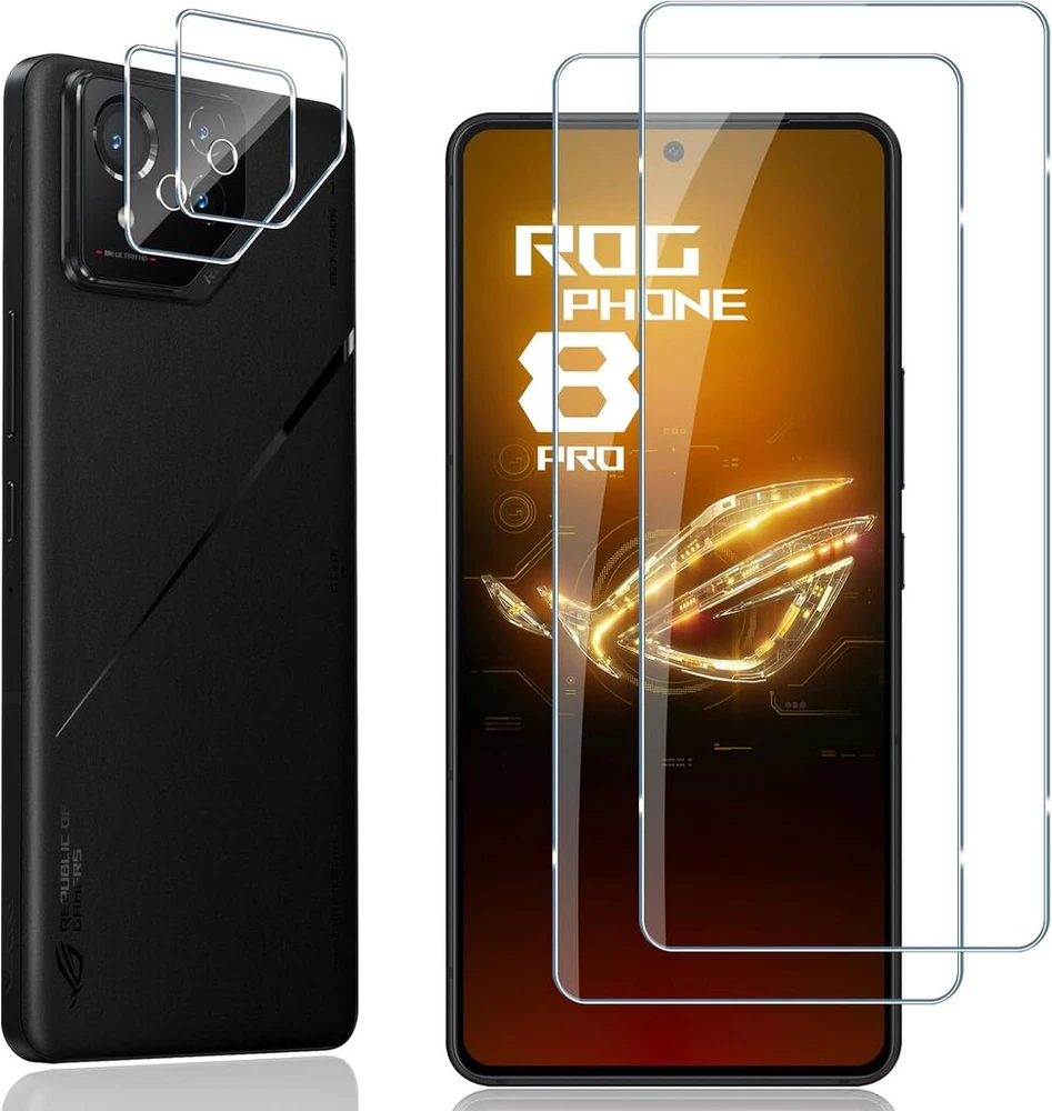 Locofun Ekrano apsauga, skirta Asus Rog Phone 8 / Rog Phone 8 Pro, grūdintas stiklas, 9h kietumo grūdinto stiklo plėvelė ir kameros apsaugos plėvelė [2+2 vnt.], apsauginė ekrano apsauga nuo įbrėžimų