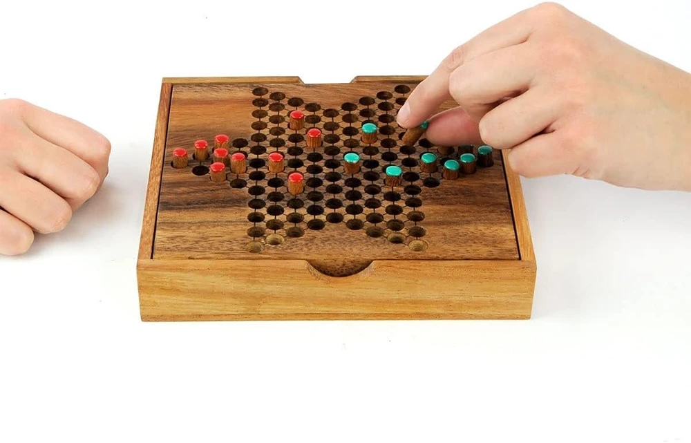 Logica Puzzles kinų šaškės - medinis stalo žaidimas - teakmedžio kelioninė versija