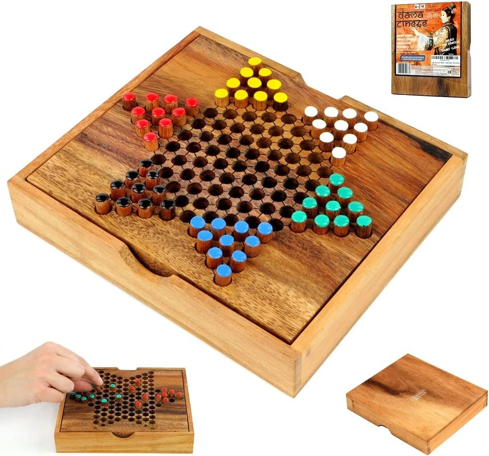 Logica Puzzles kinų šaškės - medinis stalo žaidimas - teakmedžio kelioninė versija