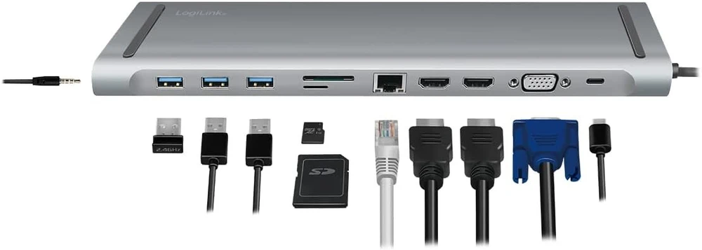 Logilink Ua0373 - Usb 3.2 (gen 1) dokas su 11 prievadų ir Pd (power Delivery) 100 W, 3 x Usb / 2 x Hdmi / 1 x Vga / 1 x kortelių skaitytuvas / 1 x Rj45 / 1 x 3.5 mm / juodas, sidabrinis