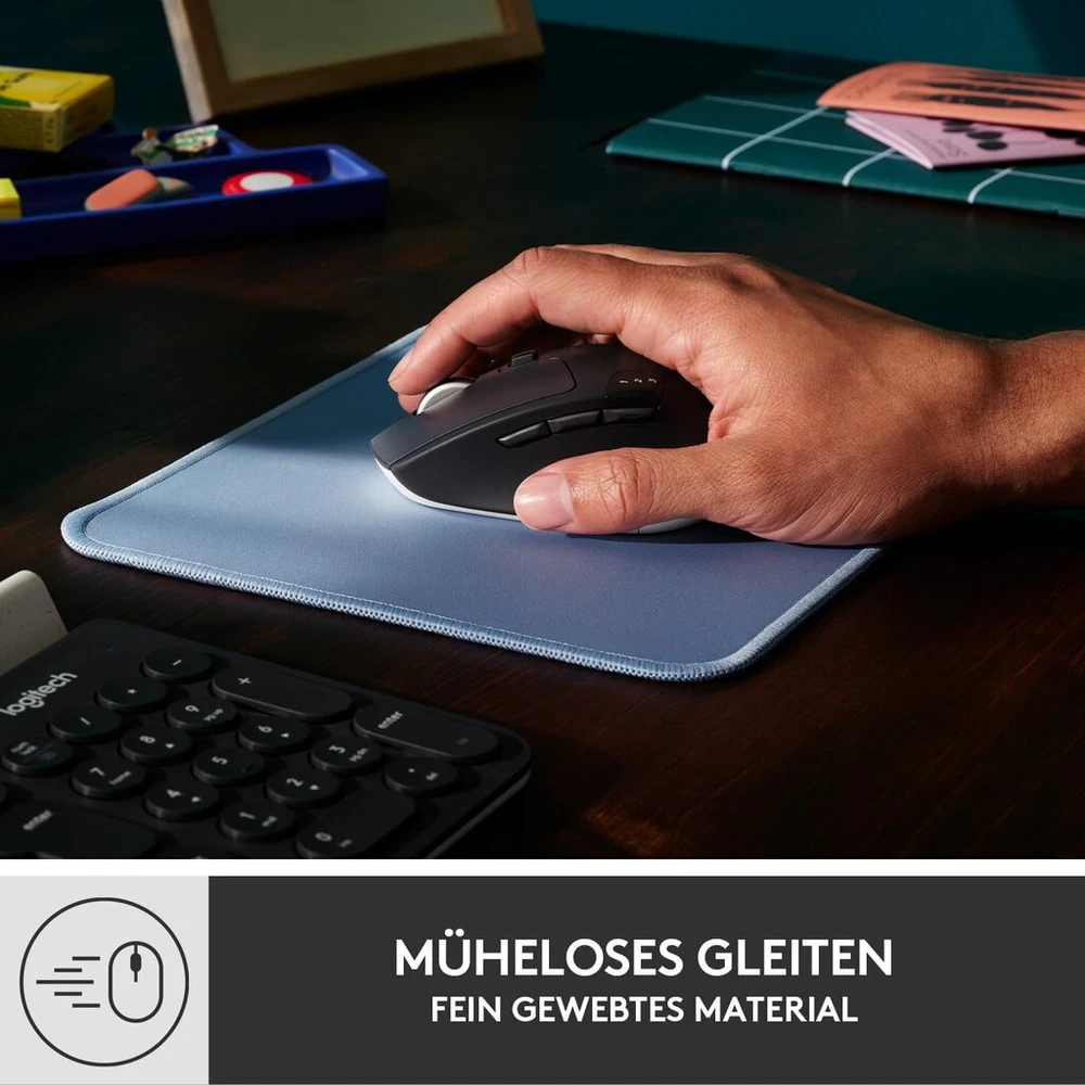 Logitech Mouse Pad - Studio Series, kompiuterio pelės kilimėlis su neslystančiu guminiu pagrindu, lengvas slydimas, atsparus purslams, patvarios medžiagos, nešiojamas, gaivus, modernus dizainas - mėlyna/pilka