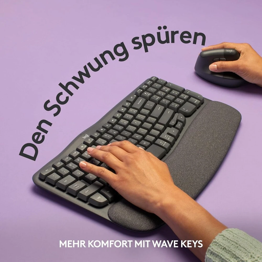 Logitech Wave Keys belaidė ergonominė klaviatūra - Graphite, skandinaviškas Qwerty išdėstymas