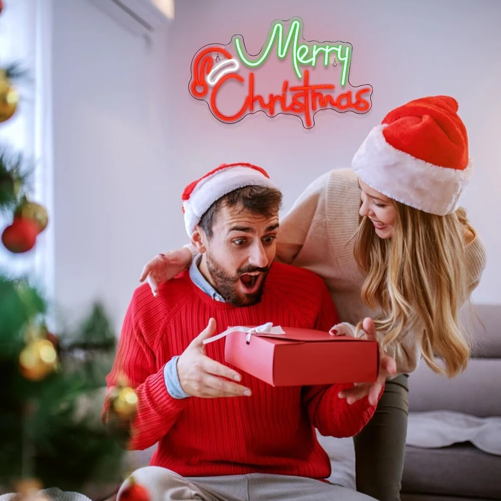 Looklight Kalėdinė neoninė iškaba "merry Christmas" su kalėdine kepure, Led neoninė lemputė, žalios raudonos raidės, neoninės iškabos kalėdiniam vakarėliui, vaikų miegamajam, barui, parduotuvei, kalėdinei dekoracijai