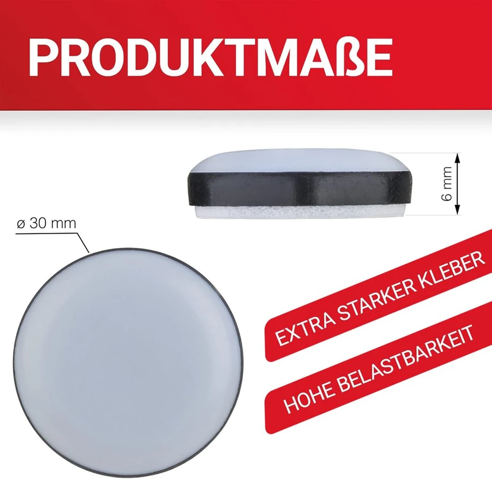 Loumaxx lipnūs tefloniniai baldų slystukai, baldų slystukai, skersmuo 30 mm, kėdžių slystukai pagaminti iš aukšto slydimo ptfe, aukštos kokybės slystukai kėdėms, baldams ir thermomix - 16 baldų komplektas