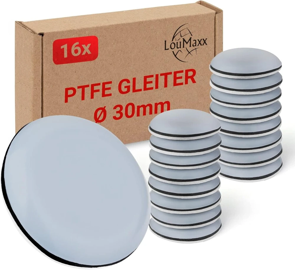 Loumaxx lipnūs tefloniniai baldų slystukai, baldų slystukai, skersmuo 30 mm, kėdžių slystukai pagaminti iš aukšto slydimo ptfe, aukštos kokybės slystukai kėdėms, baldams ir thermomix - 16 baldų komplektas