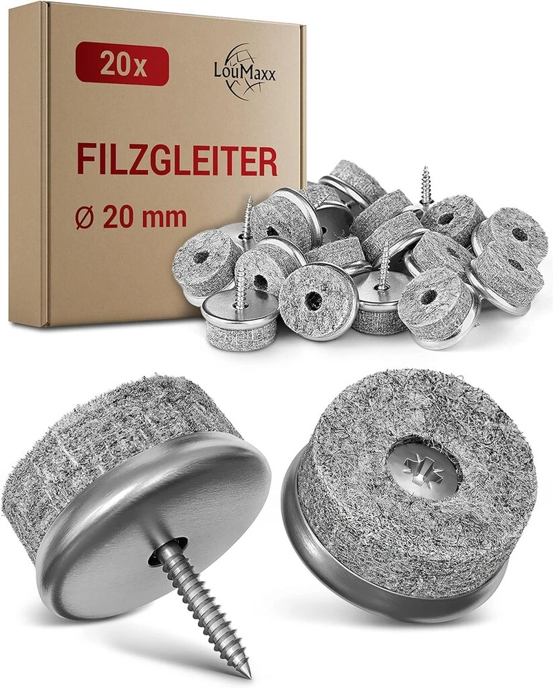 Loumaxx Veltinio baldų kojelių slydimo pagalvėlės su varžtais, apvalios, Ø 20 mm, pilkos spalvos - baldų kojelių slydimo pagalvėlės su 6 mm storio veltiniu ir metaliniu apvadu - veltinio baldų kojelių slydimo pagalvėlės su varžtais - aukščiausios kokybės