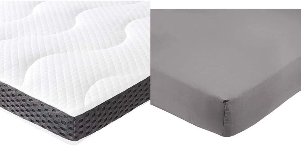 Lova Amazon Basics gelinis putų antčiužinis 7 cm - 180 x 200 cm ir paklodė su guma, mikropluoštas, tamsiai pilka, 180 x 200 x 30 cm