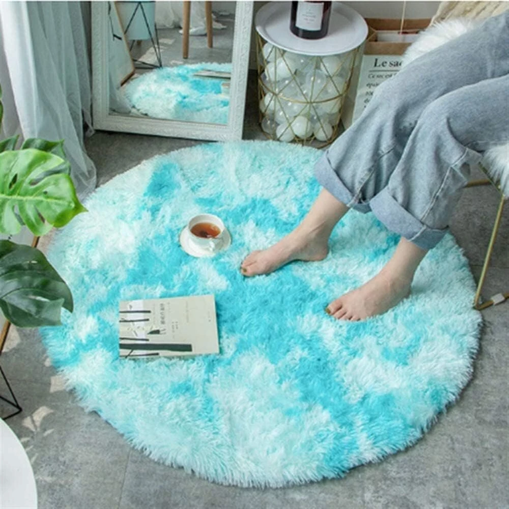 Lova Icegrey pūkuotas kilimas, aukštas pluoštas, ilgas pluoštas, pliušinis kilimas, apvalus „tie-dye“ dekoras, neslystantis, skalbiamas grindų kilimėlis svetainei, pūkuotas miegamojo kilimas, kilimas prie lovos, lauko kilimas, 140 cm, šviesiai pilkas