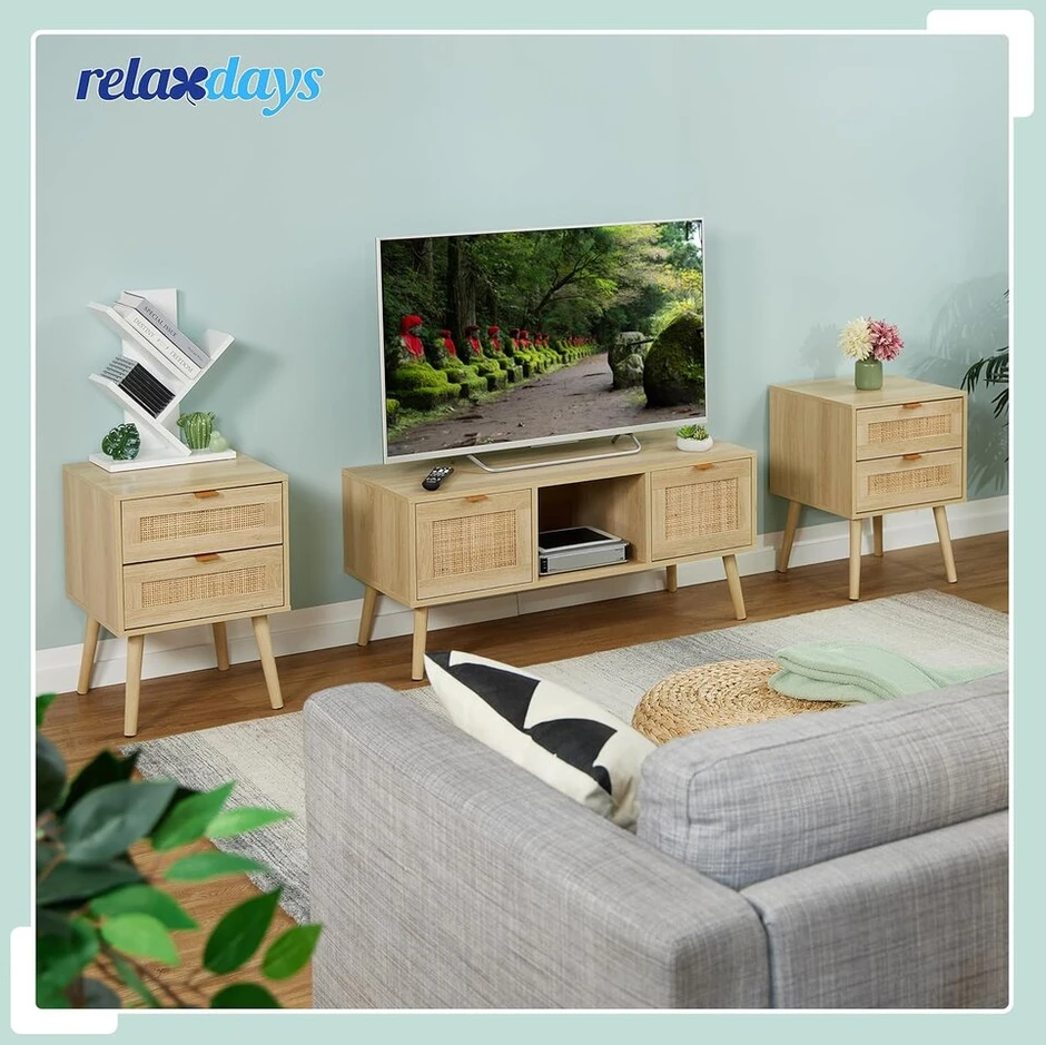 Lova Relaxdays naktinis staliukas su 2 stalčiais, rotango medienos efektas, a 55 x p 40 x g 41,5 cm, miegamojo spintelė prie lovos, natūralus