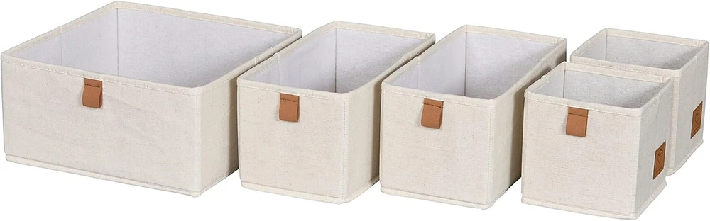 Love It Store It Premium dėklas, 5 vnt., spintelės organizatorius iš lino ir medvilnės mišinio, sustiprintas kartonu, smėlio spalvos, 5 dėžės 3 dydžių