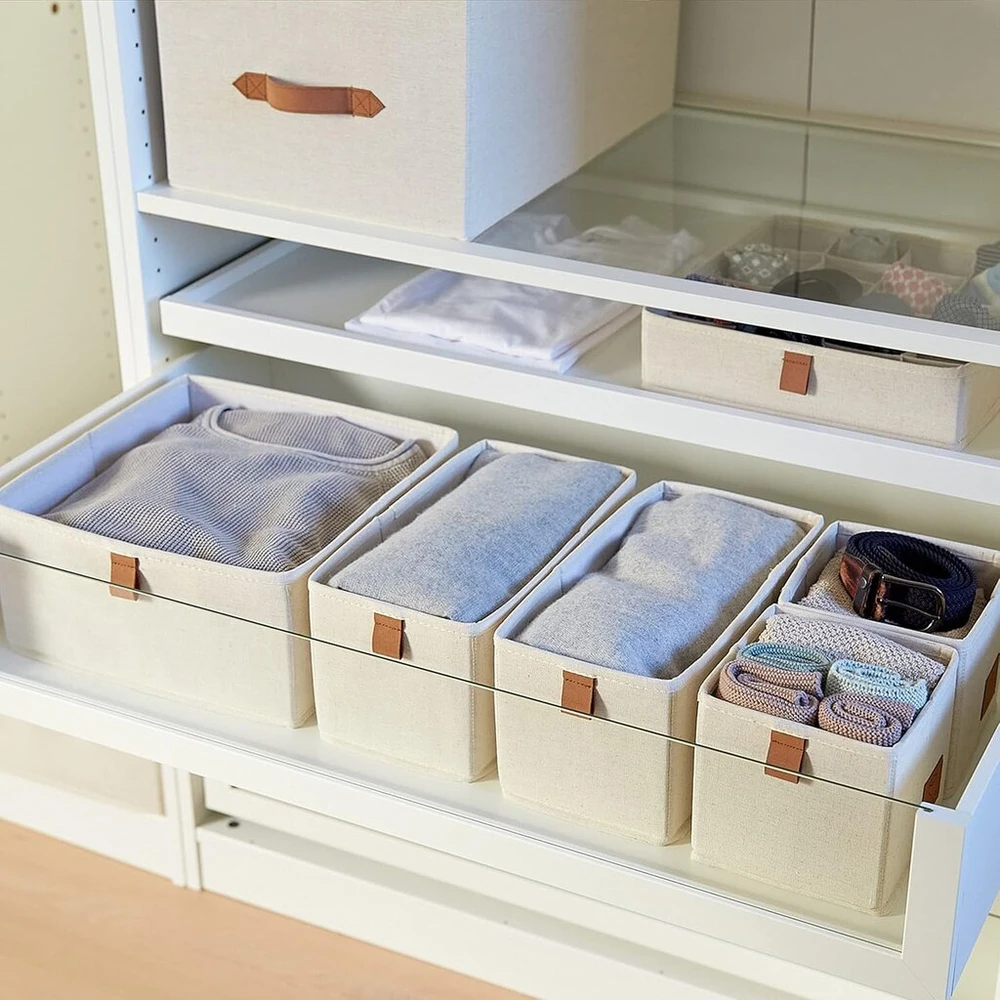 Love It Store It Premium dėklas, 5 vnt., spintelės organizatorius iš lino ir medvilnės mišinio, sustiprintas kartonu, smėlio spalvos, 5 dėžės 3 dydžių