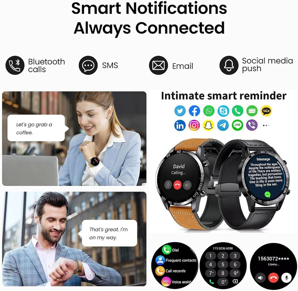 Loyewaier išmanusis laikrodis vyrams su bluetooth skambučiais, 1.39 colio fitneso laikrodis, atsparus vandeniui sportinis išmanusis laikrodis su kraujo deguonies, miego ir širdies ritmo monitoriumi, ruda odine apyranke, aktyvumo sekiklis, skirtas android