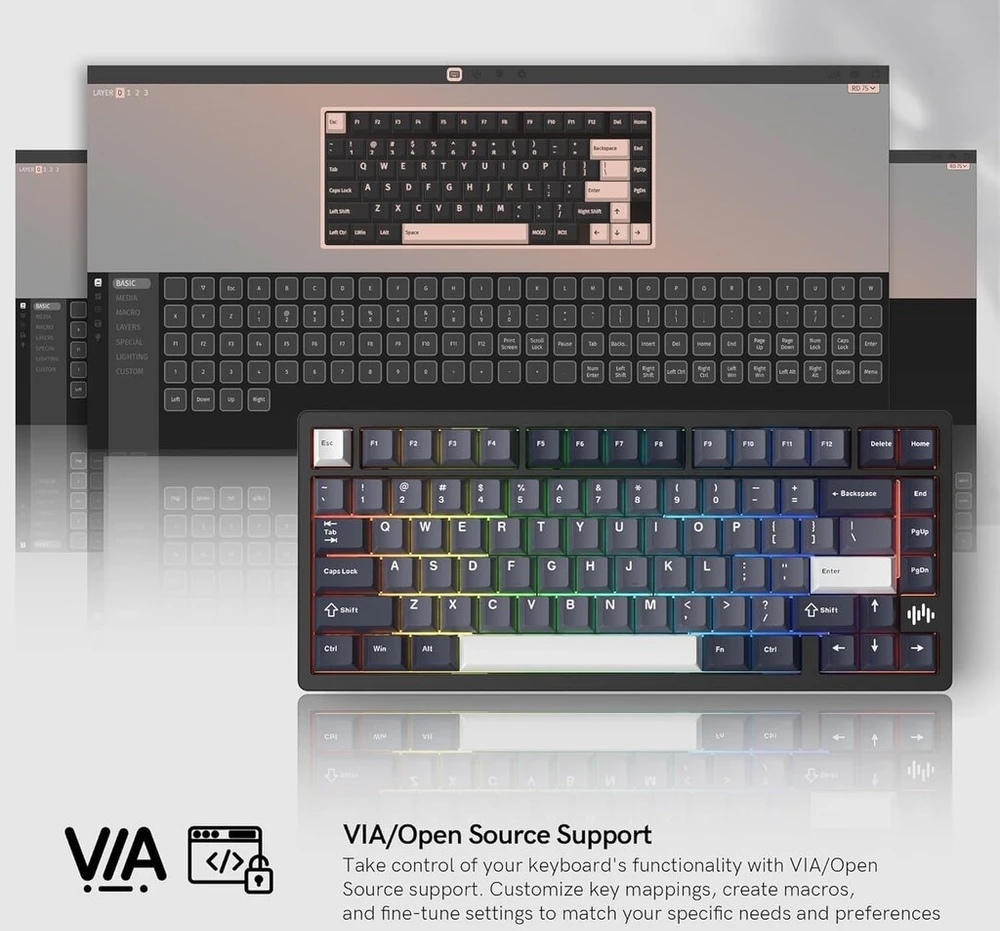 Lqxq Rd75 Pro 75% žaidimų klaviatūra, greito atjungimo belaidė aliumininė, Via trijų režimų mechaninė klaviatūra, pritaikoma karšto keitimo su Rgb creamy klaviatūra, skirta Windows/mac/pc - juoda