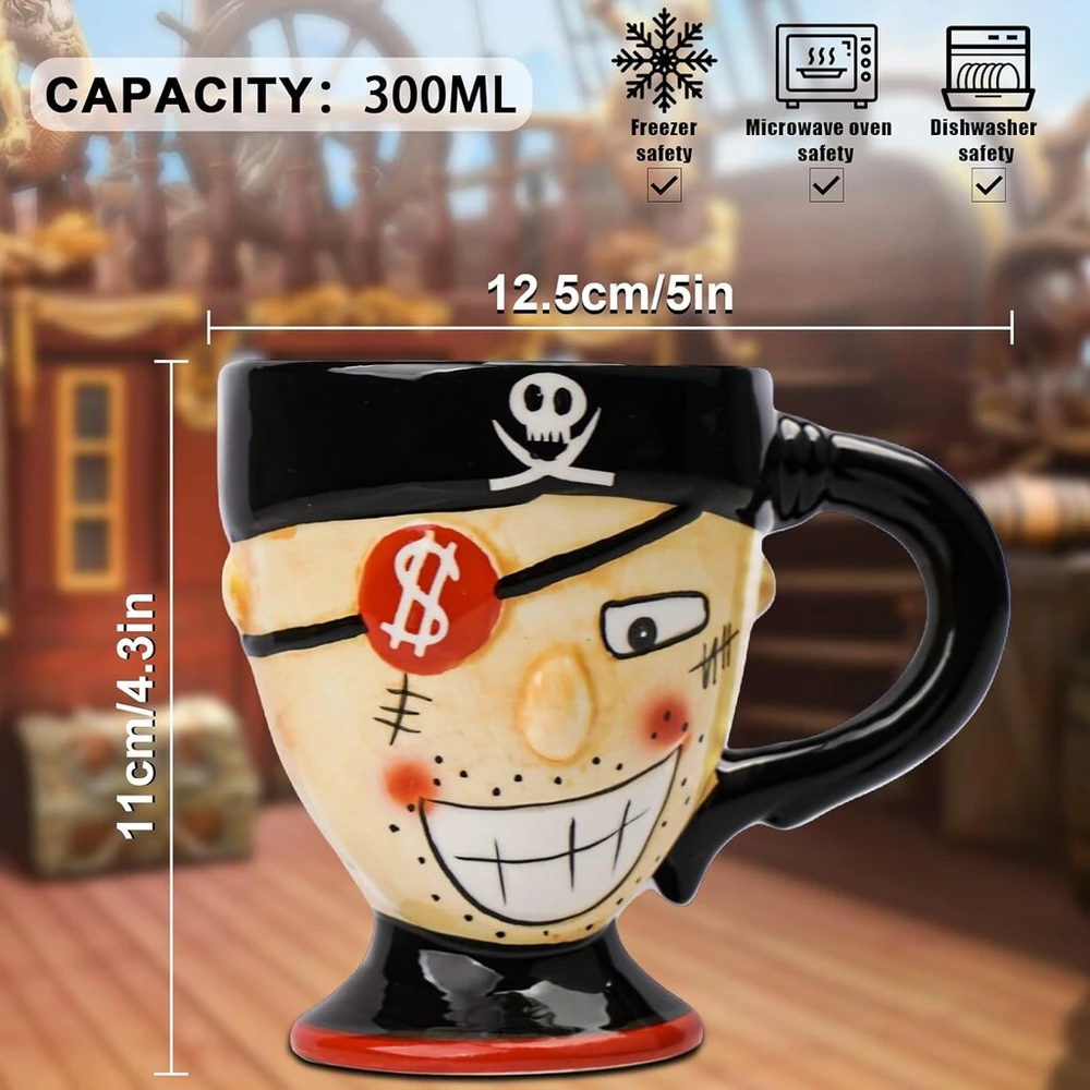 Lucylanker Pirate puodelis, 3d keramikinis kavos puodelis, animacinis pirato puodelis, talpa 300 ml jūsų mėgstamiausio gėrimo, kūrybinga dovana tėčiui, vaikinui, kavos mėgėjams (juodas)