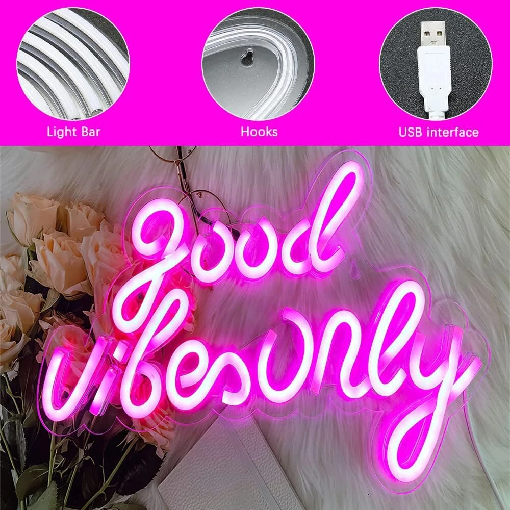 Lufeis neoninis ženklas, good vibe only, akrilinis neoninis šviestuvas, usb neoninis ženklas, neoninis 3d sienos dekoravimas, led neoninis šviestuvas, miegamojo sienos dekoravimui, barui, vestuvių dekorui, įsimylėjėlių dovana