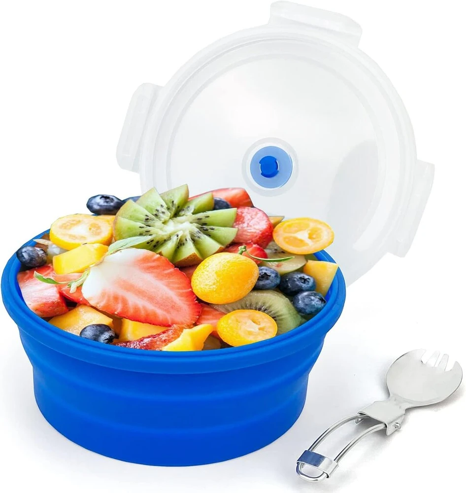 Lunbengo 1200 ml didelis sulankstomas pietų dubuo, silikoninis maisto indas su sulankstoma 2 viename šakute ir šaukštu, vietą taupantys stovyklavimo dubenys, saugus naudoti mikrobangų krosnelėje ir šaldiklyje, mėlynas