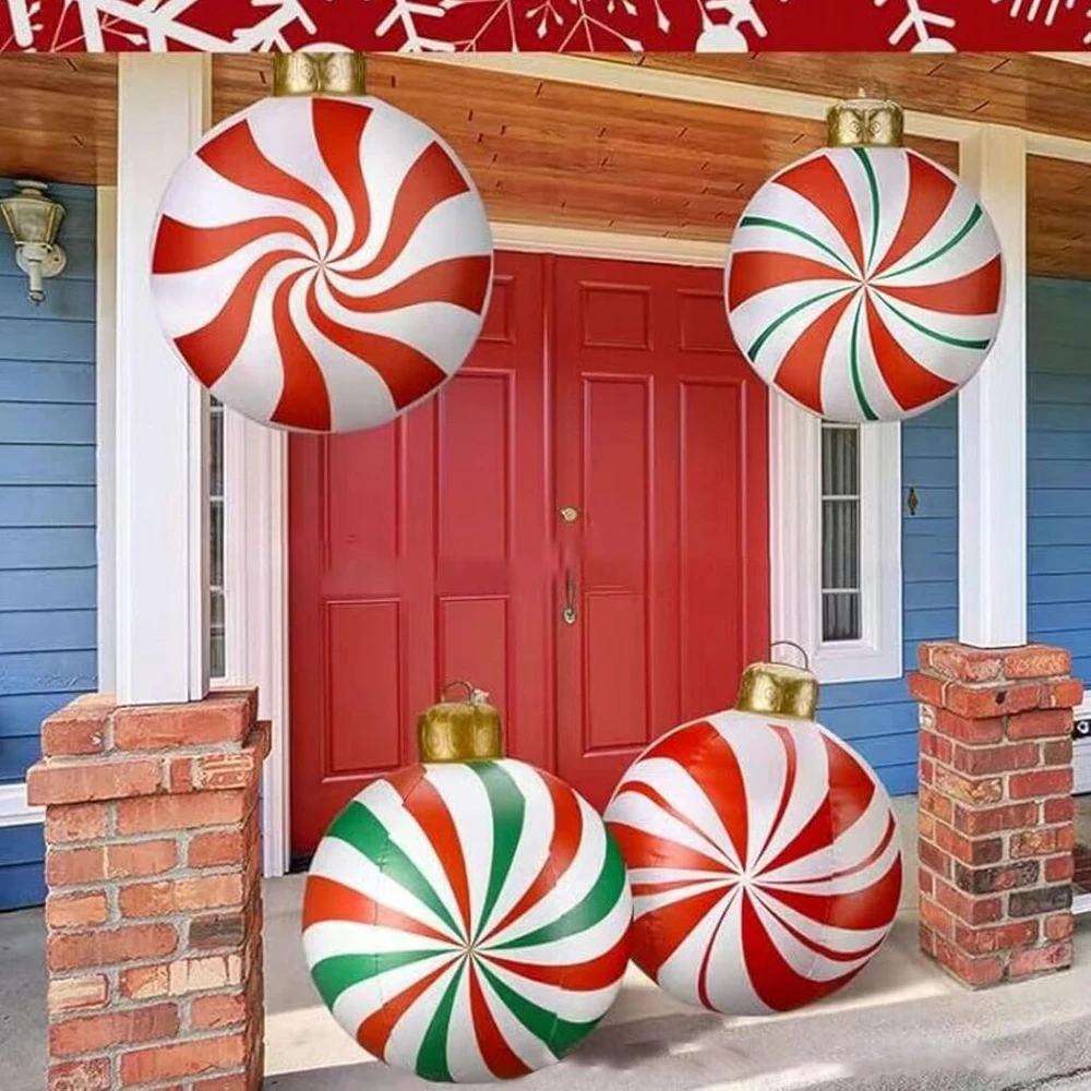 Luocute 60 cm pripučiamas kalėdinis kamuolys, didelis kalėdinis pvc dekoruotas kamuolys, saldainiai, didelės pripučiamos kalėdinės valtys, ornamentai, lauko dekoracijos, (modelis b, ryškios raudonos ir žalios juostos)