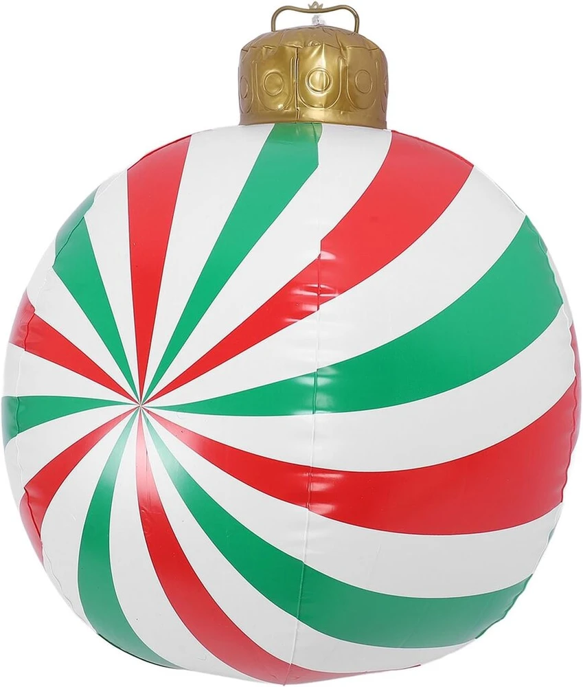 Luocute 60 cm pripučiamas kalėdinis kamuolys, didelis kalėdinis pvc dekoruotas kamuolys, saldainiai, didelės pripučiamos kalėdinės valtys, ornamentai, lauko dekoracijos, (modelis b, ryškios raudonos ir žalios juostos)