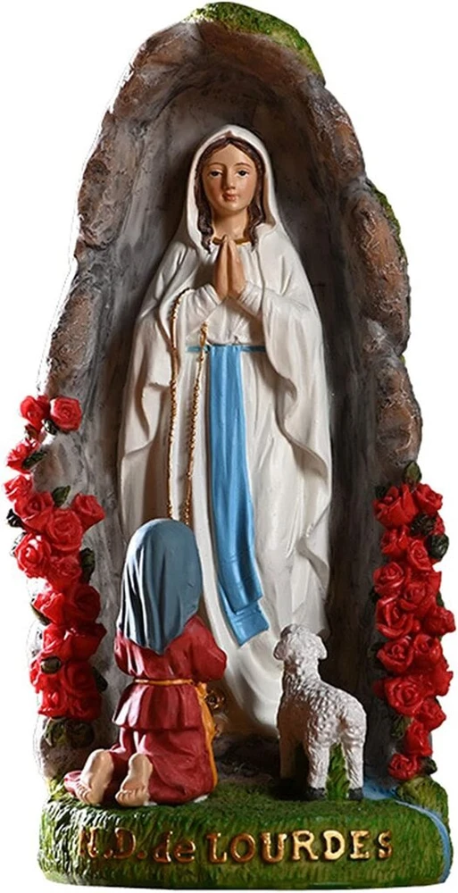 Lurdo Dievo Motinos statula - 20 cm derva statula - Šventosios Bernadetės ir Marijos statulos skulptūra su rankomis dažyta - Ideali religinė dovana krikštynoms, komunijai, Sutvirtinimui, vestuvėms