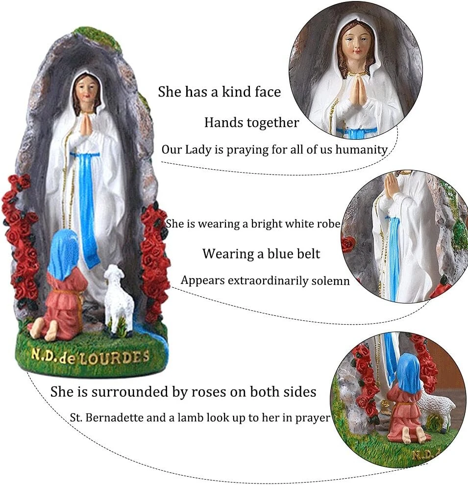 Lurdo Dievo Motinos statula - 20 cm derva statula - Šventosios Bernadetės ir Marijos statulos skulptūra su rankomis dažyta - Ideali religinė dovana krikštynoms, komunijai, Sutvirtinimui, vestuvėms