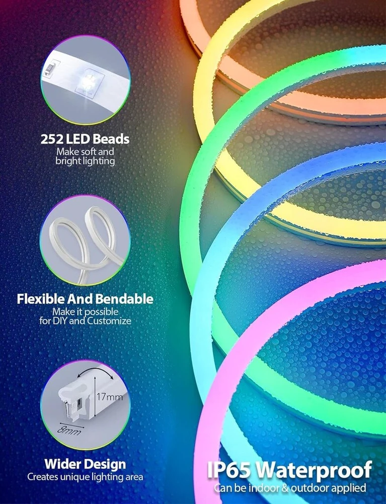 Luxonic 2m bluetooth led neoninės lempos su programėlės nuotolinio valdymo pulteliu ip65 atspari vandeniui lanksti neoninė led juosta rgb ic led neoninė lemputė žaidimų kambariui lauko dekoravimui