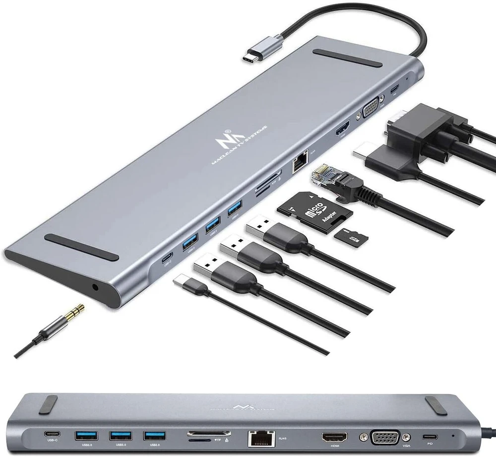 Maclean Mctv-850 11-in-1 Usb C 3.1 doko stotelės adapteris su Hdmi / 3x Usb 3.0 / Usb-c maitinimo šaltiniu / Pd (power Delivery) / Vga 1900 x 1200 @ 60hz / Rj-45 / 3.5 mm audio prievadu / Sd/tf kortelių skaitytuvu