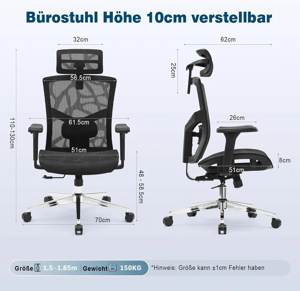 Magic Life biuro kėdė, ergonomiška rašomojo stalo kėdė, biuro kėdė su reguliuojamais porankiais, galvos atrama ir dinamine juosmens atrama, aukščio reguliavimas ir siūbavimo funkcija (tinklinė pagalvėlė)