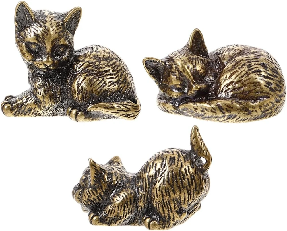 Magiclulu 3 miniatiūrinių kačių statulėlių rinkinys, pagamintas iš žalvario, kačių dekoracija, kačių skulptūra, kačių ornamentai, kačių figūrėlė, kačių formos dekoracija, dekoratyvinė kačių dekoracija ir stabili