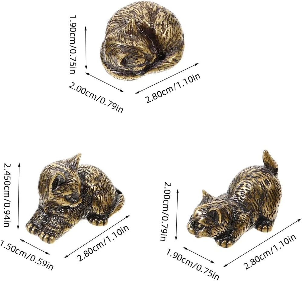 Magiclulu 3 miniatiūrinių kačių statulėlių rinkinys, pagamintas iš žalvario, kačių dekoracija, kačių skulptūra, kačių ornamentai, kačių figūrėlė, kačių formos dekoracija, dekoratyvinė kačių dekoracija ir stabili