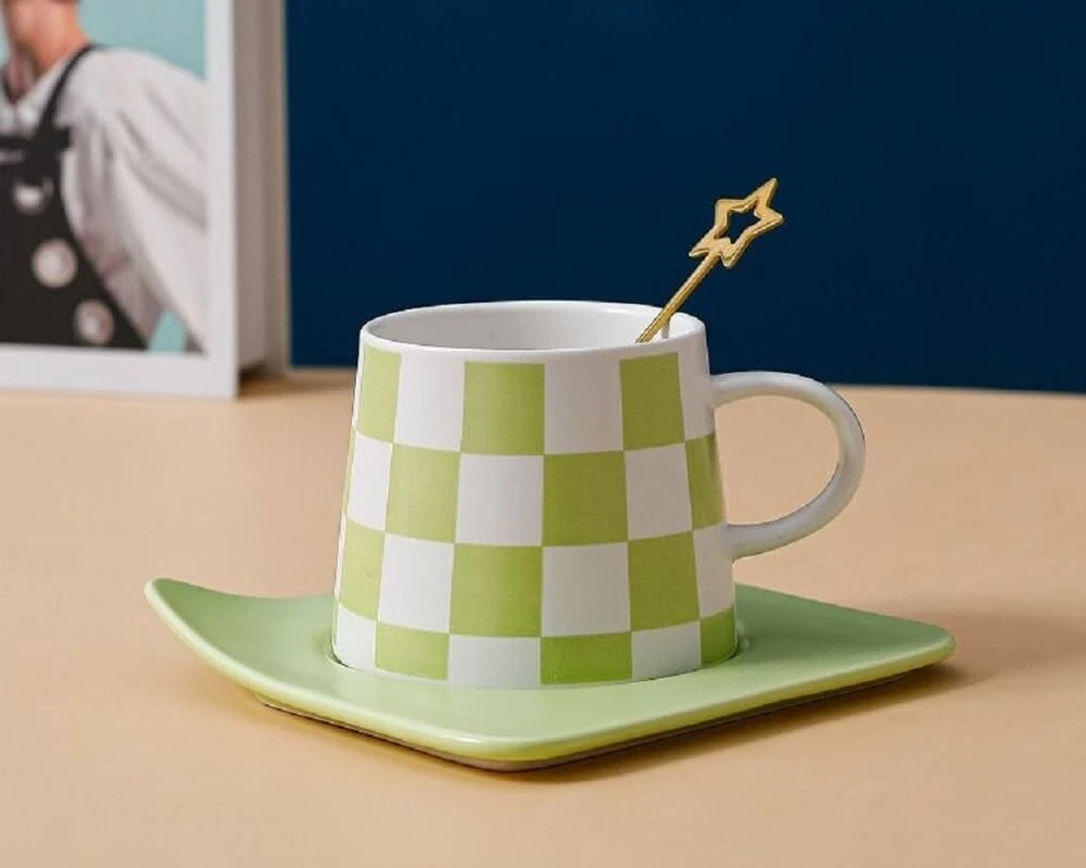 Magicvogel Modernus kavos puodelis su lėkštele ir šaukšteliu 240 ml espresso puodelių rinkinys keramikinis cappuccino puodelis kavai, latte, mocha, macchiato, arbatai (žalias)