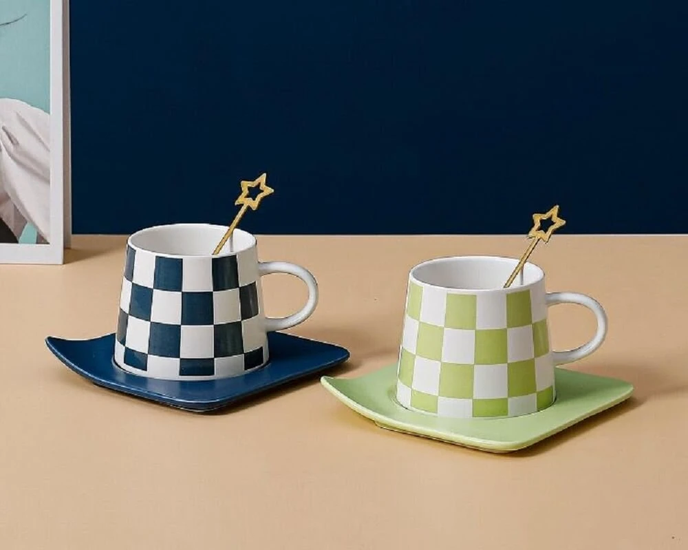 Magicvogel Modernus kavos puodelis su lėkštele ir šaukšteliu 240 ml espresso puodelių rinkinys keramikinis cappuccino puodelis kavai, latte, mocha, macchiato, arbatai (žalias)