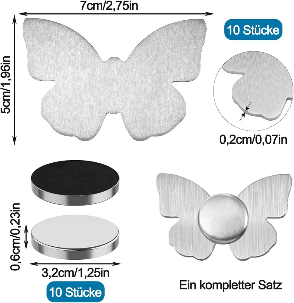 Magnetinis nerūdijančio plieno staltiesės svarelis su drugeliu, magnetinis staltiesės spaustukas, staltiesės svarelis, apie 60 g/vnt., skirtas naudoti viduje ir lauke, 10 vnt.