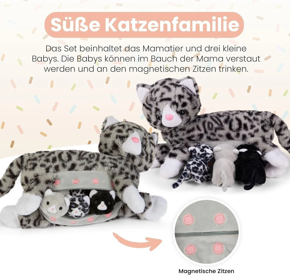 Mamanimals Katė, minkštas žaislas su 3 kačiukais, kačiukai paslėpti pilvelyje su užtrauktuku, magnetiniai čiulptukai žindymui, aukštos kokybės pliušinis žaislų rinkinys vaikams, dovana vaikams