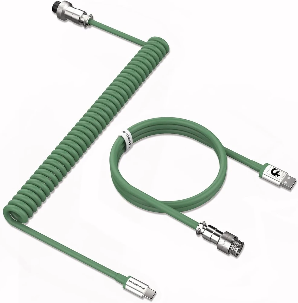 Mambasnake C01 spiralinis klaviatūros kabelis, profesionalus spiralinis Usb-c kabelis mechaninėms klaviatūroms, Type-c į Usb-a kabelis su nuimama metaline aviacine jungtimi, Tpu skirtas žaidimų klaviatūroms, Pc, Mac, kompiuteriui - žalias